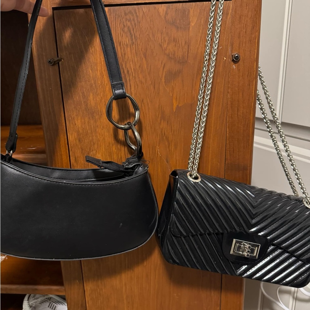 Black Leather Shoulder Bag with Gold Hardware